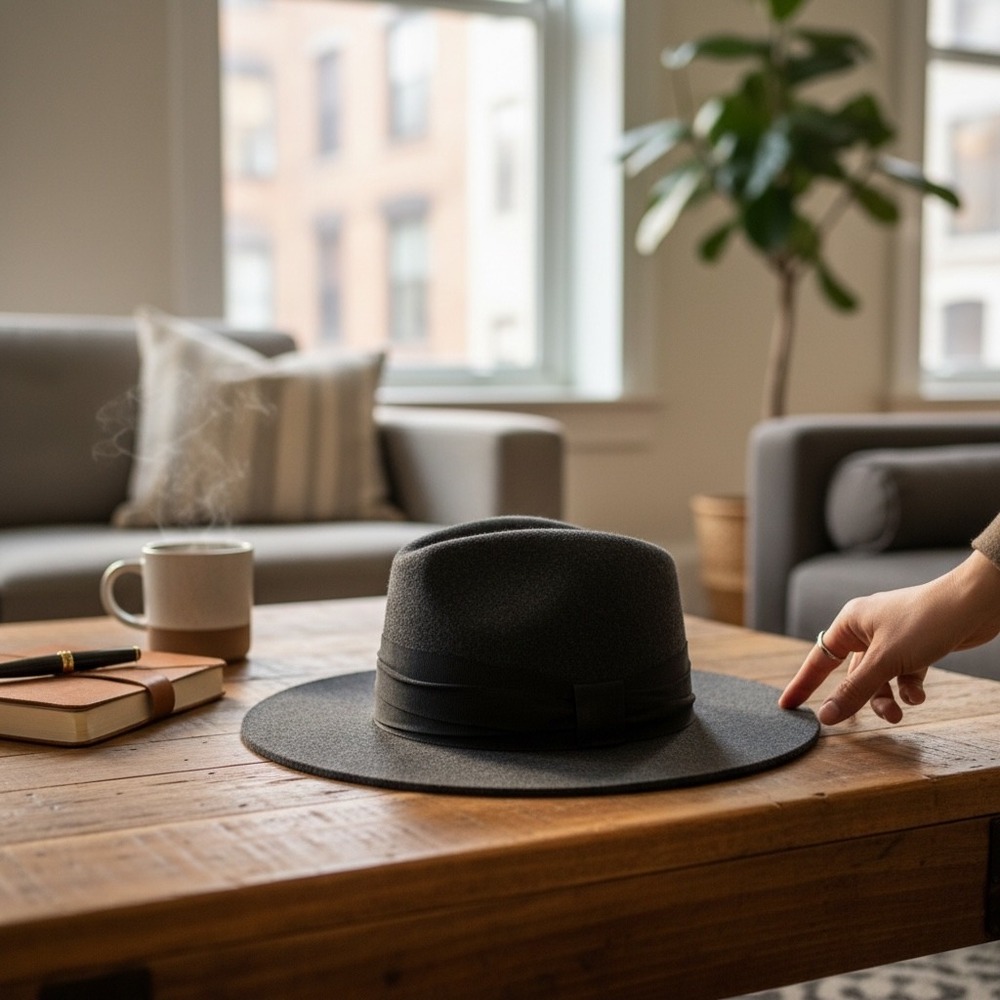 Zara Accessories Black Wool Blend Wide Brim Fedora Hat‎ Size Medium 58cm Pinched